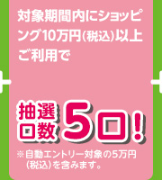 対象期間内にショッピング10万円（税込）以上ご利用で 抽選口数5口！ ※自動エントリー対象の5万円（税込）を含みます。